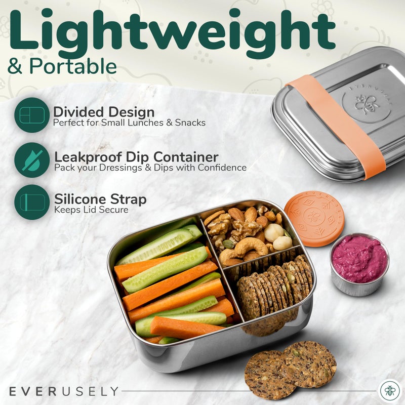 Everusely - Bento Box for Kids - Orange  6.5x4.7 / 27oz - Stainless Steel Lunch Box w/Leakproof Condiment Container - 3 Compartment Snack Box for School  Office Meals - Freezer & Dishwasher Safe - Image 4